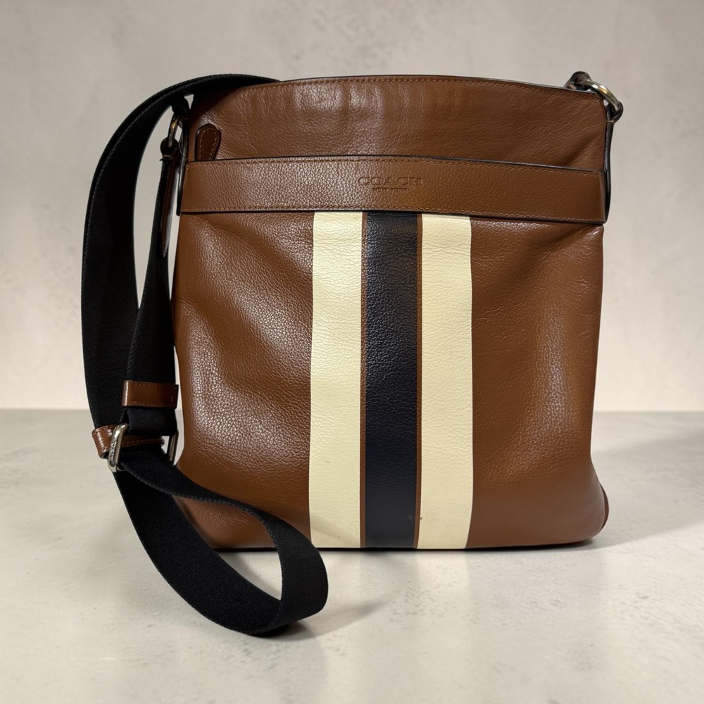 Coach Charles F54193 Varsity Stripe Leather Crossbody Bag Brown 2016